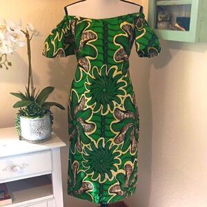 African Wax Print Green Floral Off-Shoulder Dress Handmade One of A Kind
